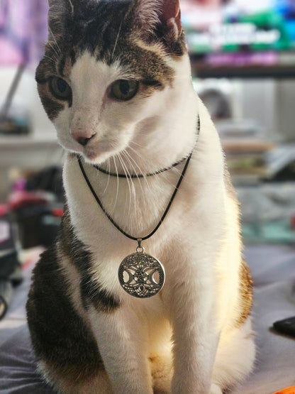 Triple Moon Tree of Life Necklace - Goddess Pendant on Black Leather Cord