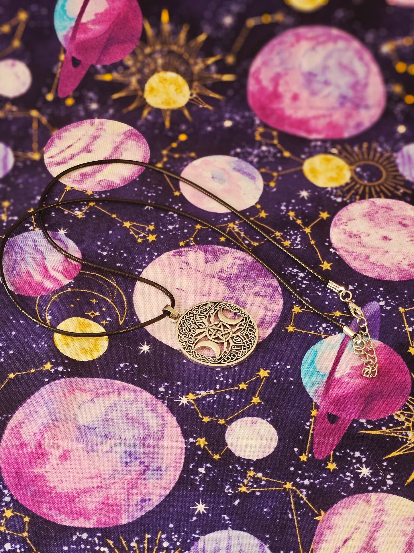 Triple Moon Tree of Life Pendant on Black Leather Necklace Chord