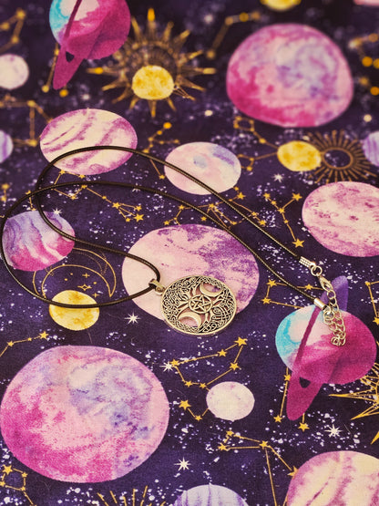 Triple Moon Tree of Life Necklace - Goddess Pendant on Black Leather Cord