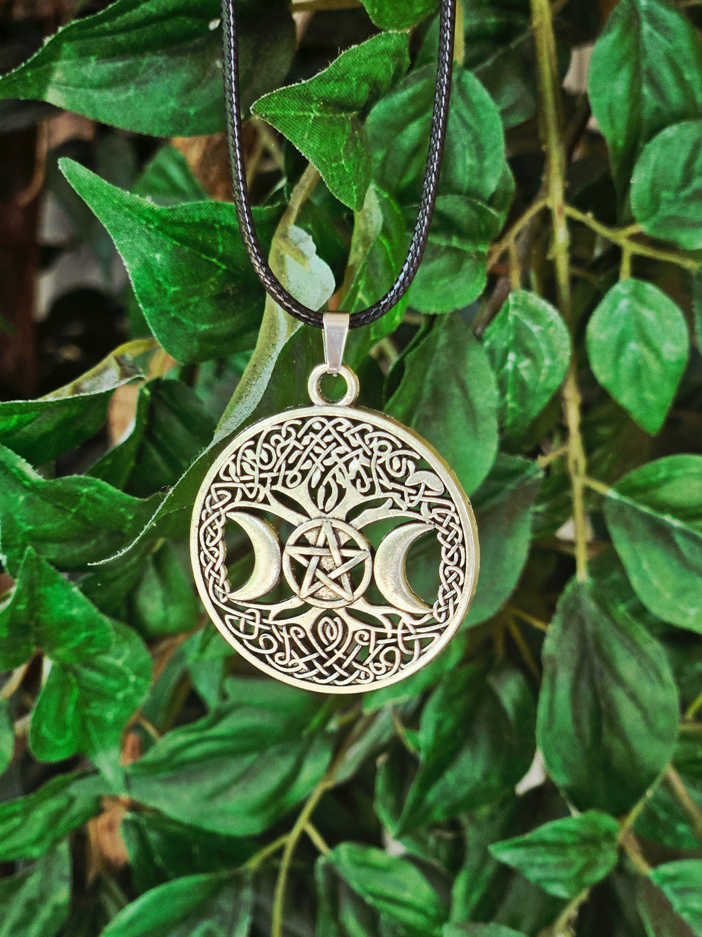 Triple Moon Tree of Life Pendant on Black Leather Necklace Chord
