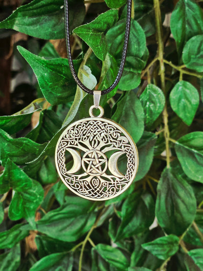 Triple Moon Tree of Life Necklace - Goddess Pendant on Black Leather Cord