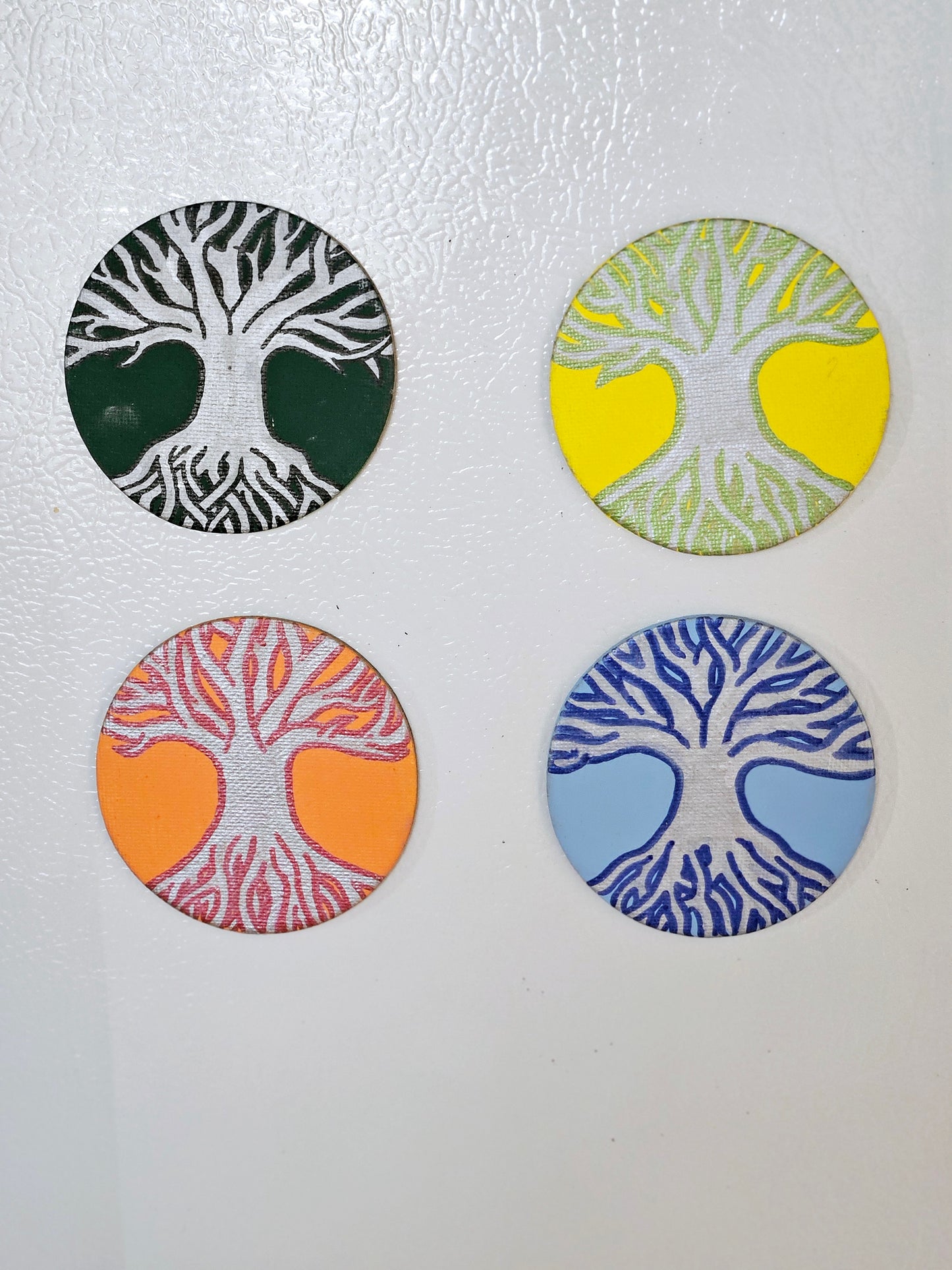 "Seasons of Life" Tree of Life Hand-Painted Round Fridge Magnet Set